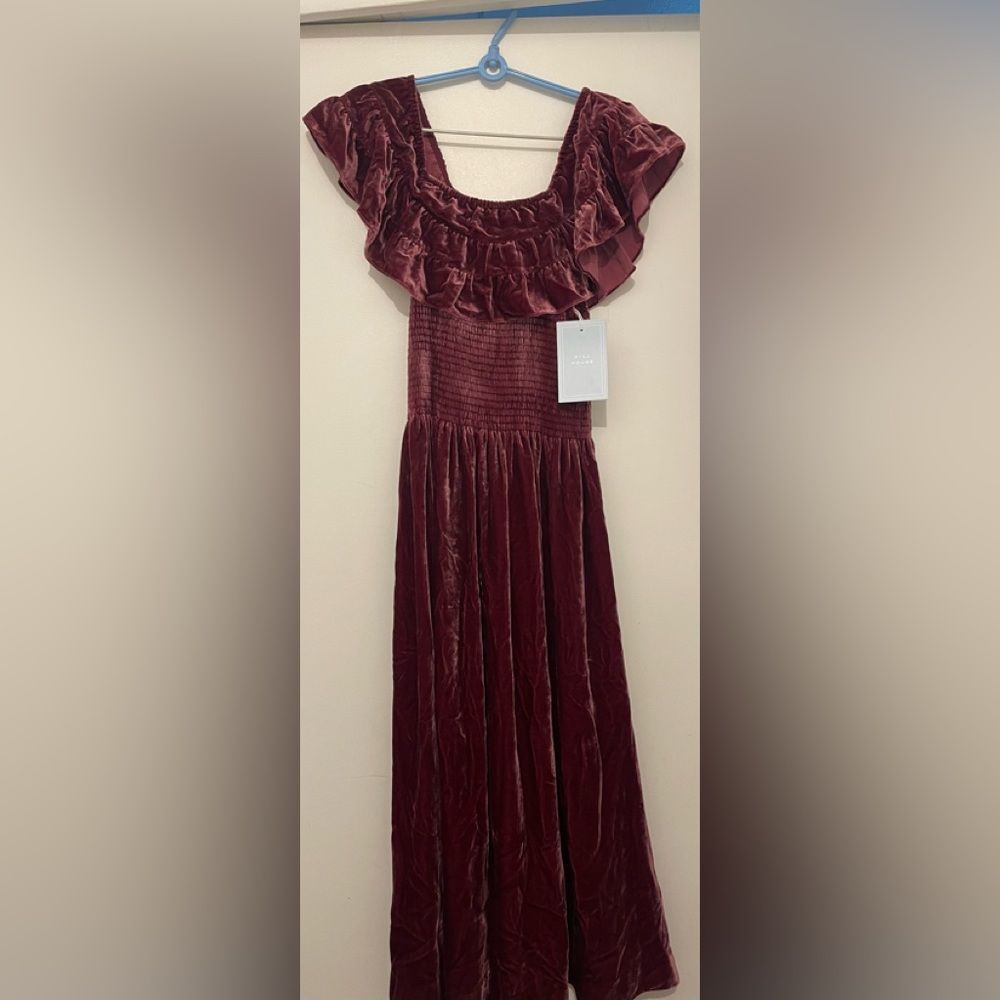 NWT Hill House Women's The Akilah Nap Midi Ruffle Dress Burgundy Velvet - Picture 4 of 14
